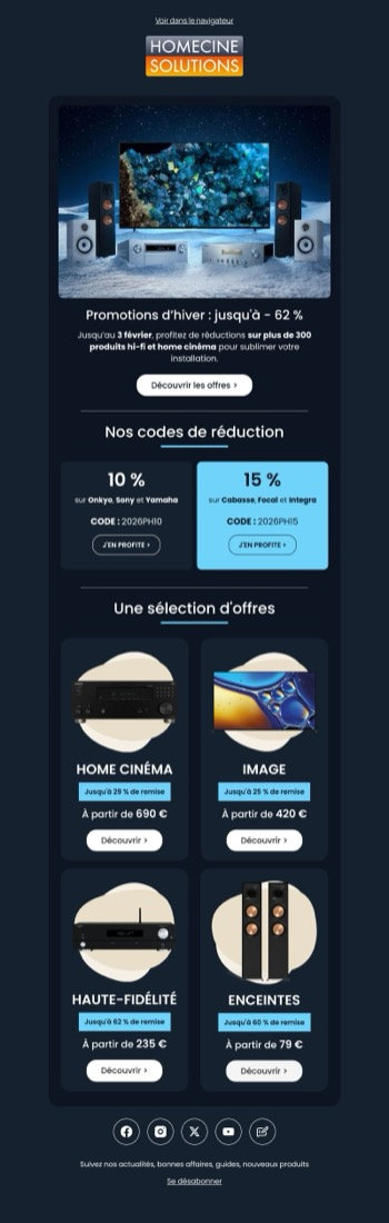 Newsletter com promoções de inverno, códigos de desconto e uma seleção de ofertas